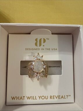 bp Gold-Tone Moonstone and Clear Crystal Halo Ring